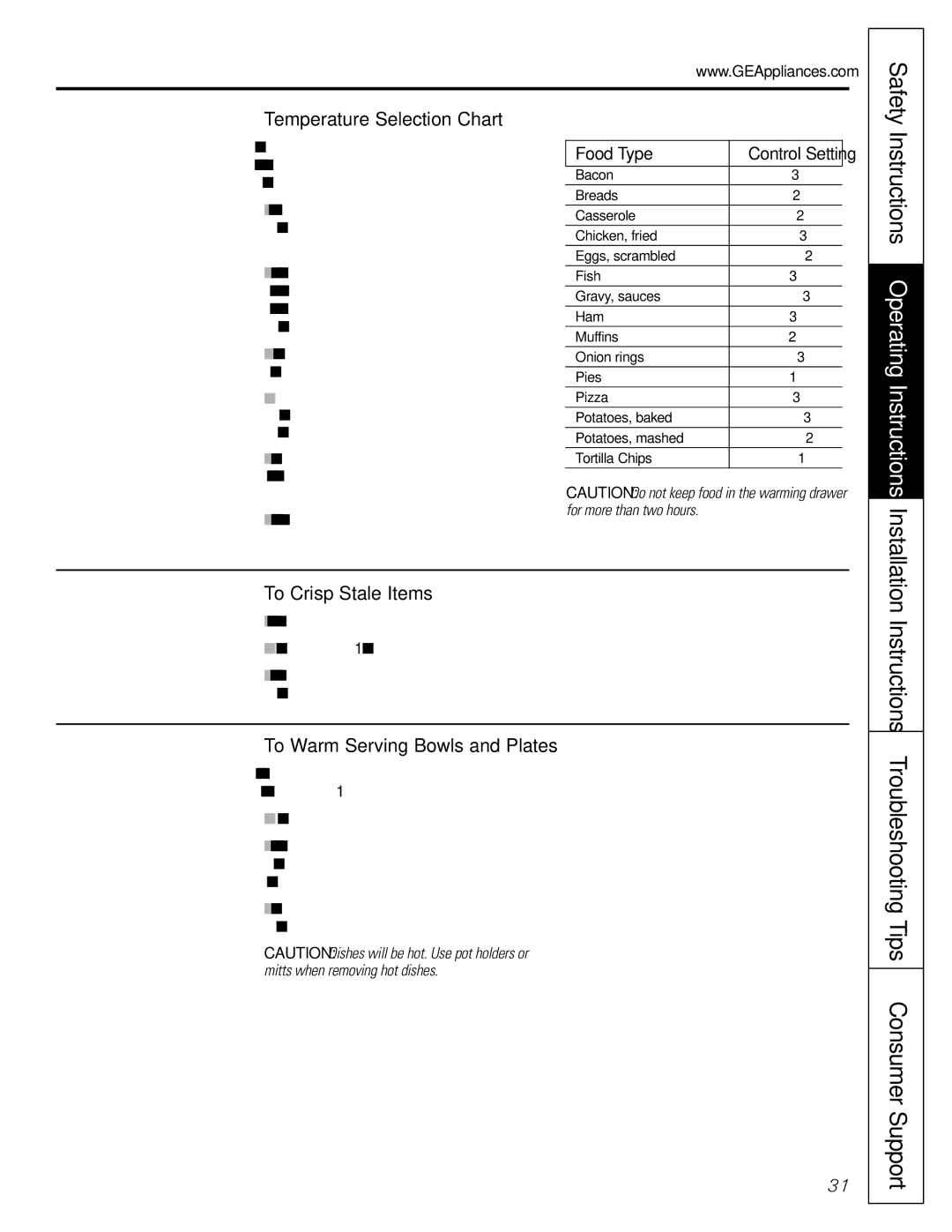 GE JGB918, JGBP88 manual Instructions Operating Instructions Installation, Temperature Selection Chart, To Crisp Stale Items 