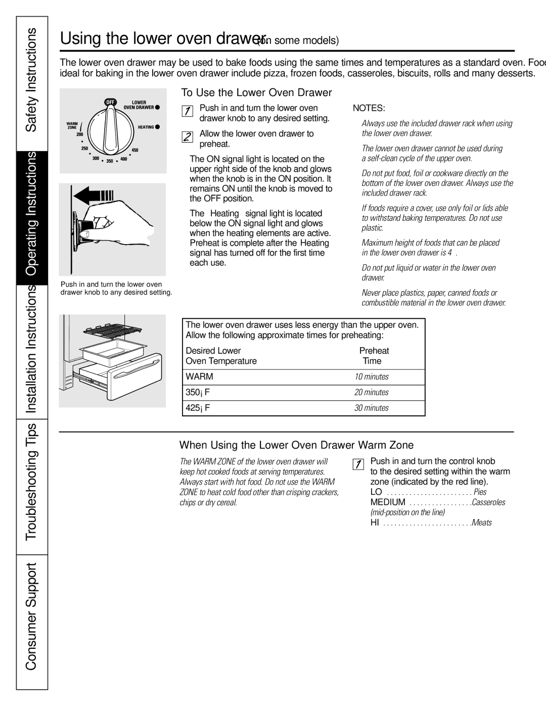 GE JGBP88, JGB918 manual Using the lower oven drawer. on some models, To Use the Lower Oven Drawer 