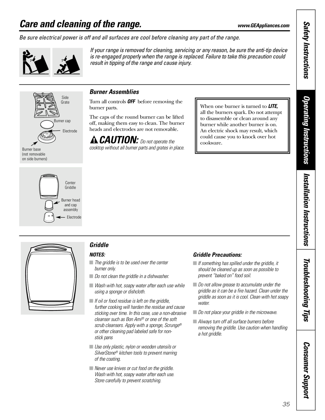 GE JGB918 Care and cleaning of the range, Operating Instructions Installation Instructions, Burner Assemblies, Griddle 