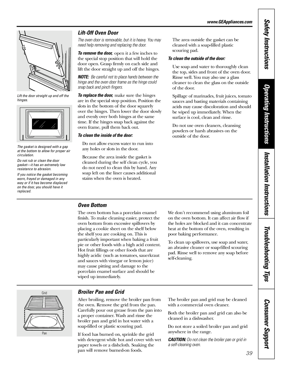 GE JGB918, JGBP88 manual Troubleshooting Tips, Lift-Off Oven Door, Oven Bottom, Broiler Pan and Grid 