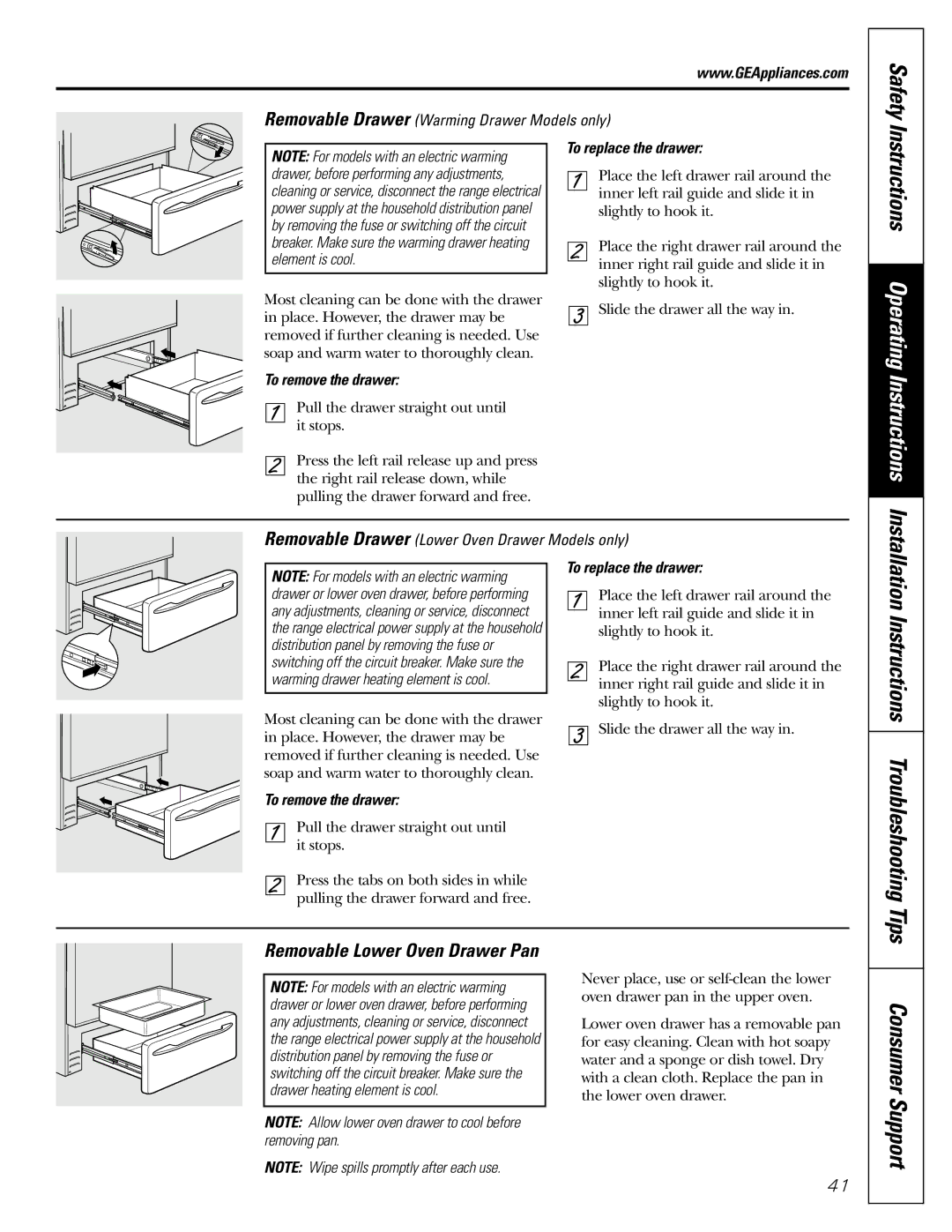 GE JGB918, JGBP88 manual Removable Lower Oven Drawer Pan, Removable Drawer Warming Drawer Models only 