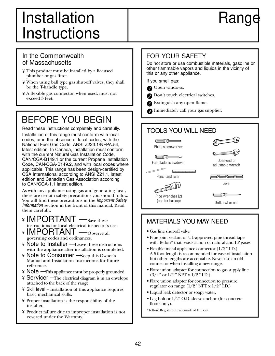 GE JGBP88, JGB918 manual For Your Safety, Tools YOU will Need, Materials YOU MAY Need 