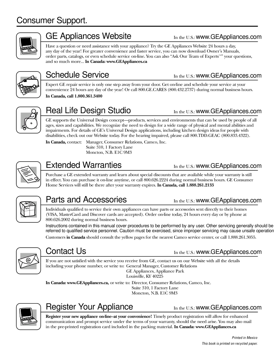 GE JGBP88, JGB918 manual Consumer Support, GE Appliances Website Schedule Service 