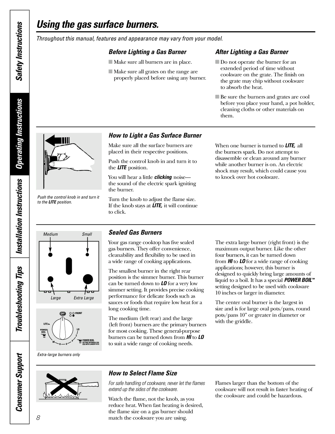 GE JGBP88, JGB918 Using the gas surface burners, Consumer, Instructions Operating, Troubleshooting Tips Installation 