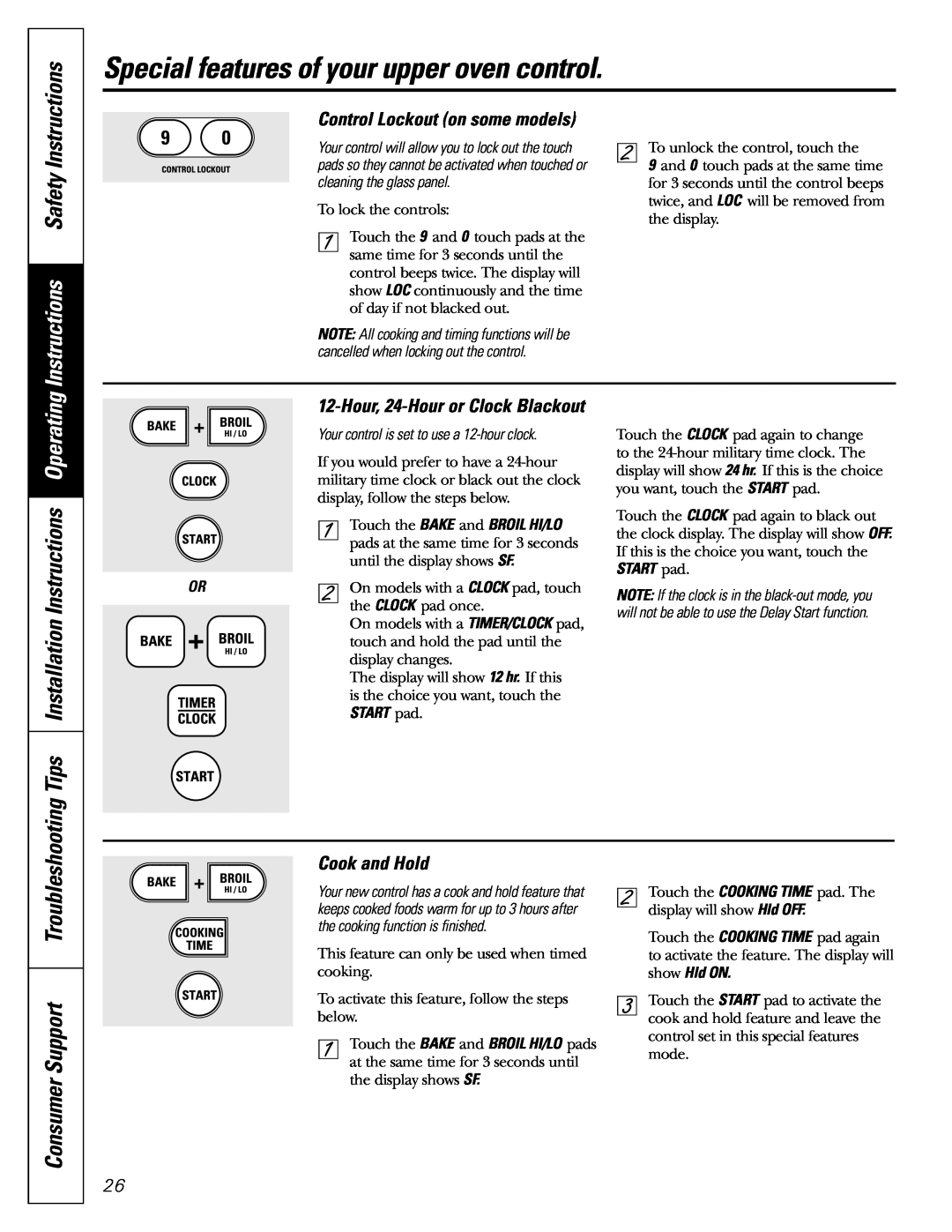 GE JGBP88 Tips Installation Instructions Operating, Control Lockout on some models, Cook and Hold, Instructions Safety 