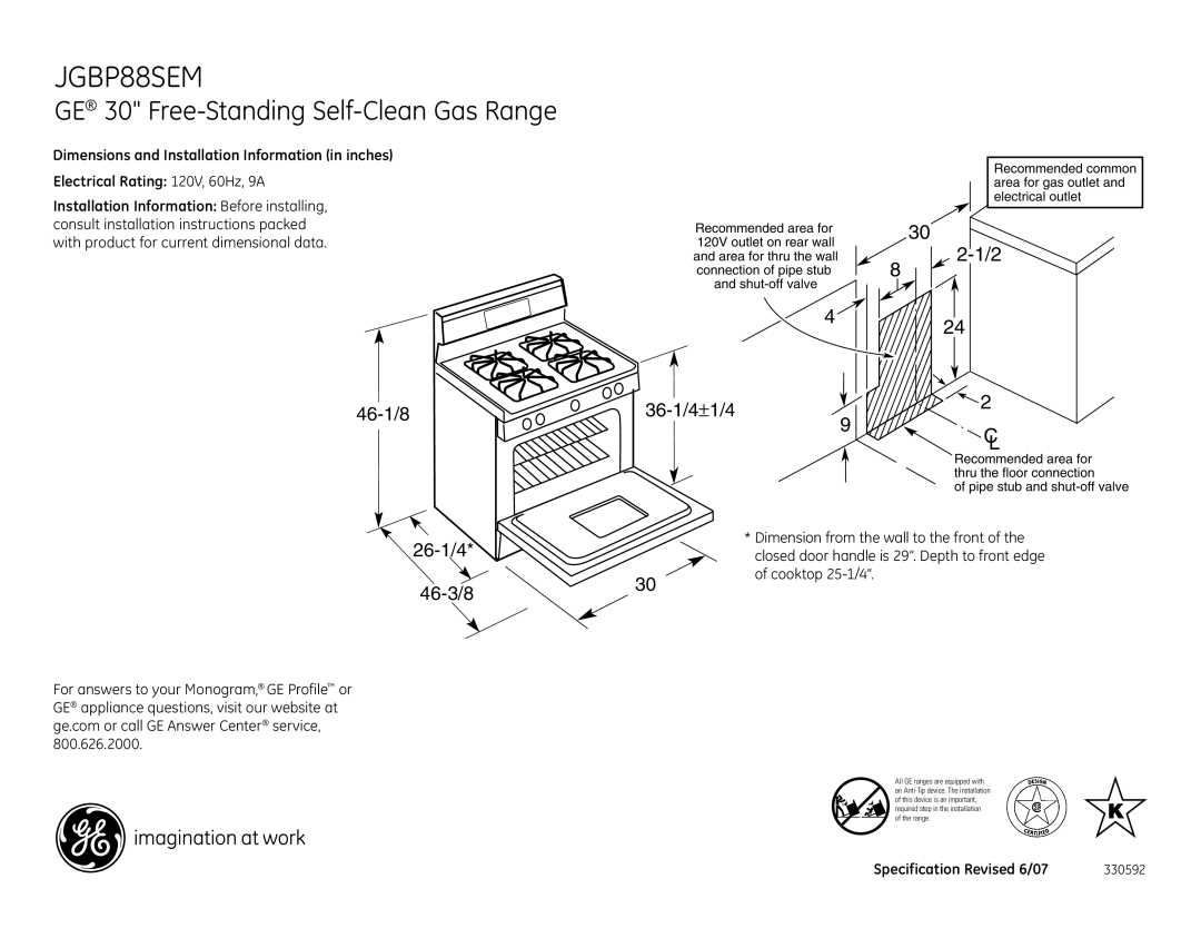 GE JGBP88SEM dimensions GE 30 Free-Standing Self-Clean Gas Range, 46-1/8 36-1/4±1/4, 26-1/4 46-3/8, Dimension from wall 