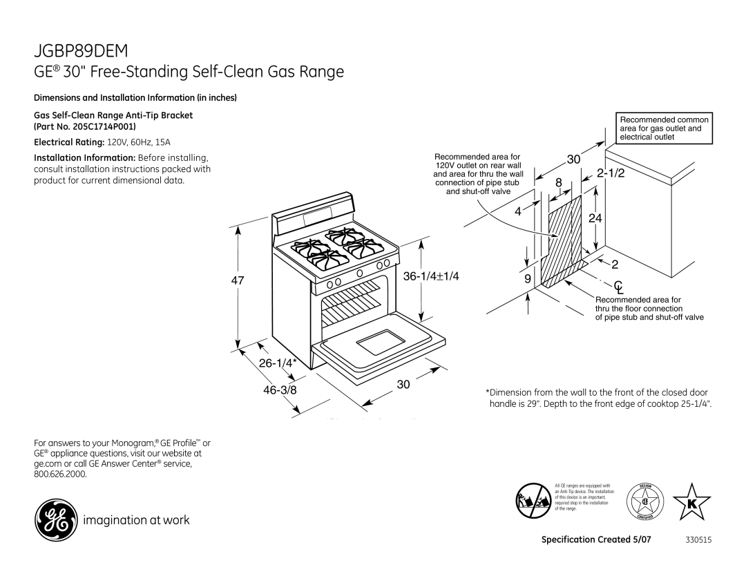 GE JGBP89DEMWW installation instructions JGBP89DEM, GE 30 Free-Standing Self-Clean Gas Range, 26-1/4, 36-1/4±1/49, 46-3/8 