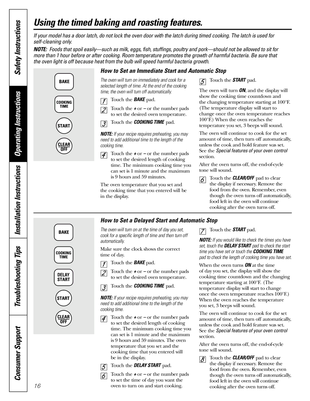 GE JGBP36, JGBP99 Using the timed baking and roasting features, Safety Instructions, Consumer Support Troubleshooting Tips 