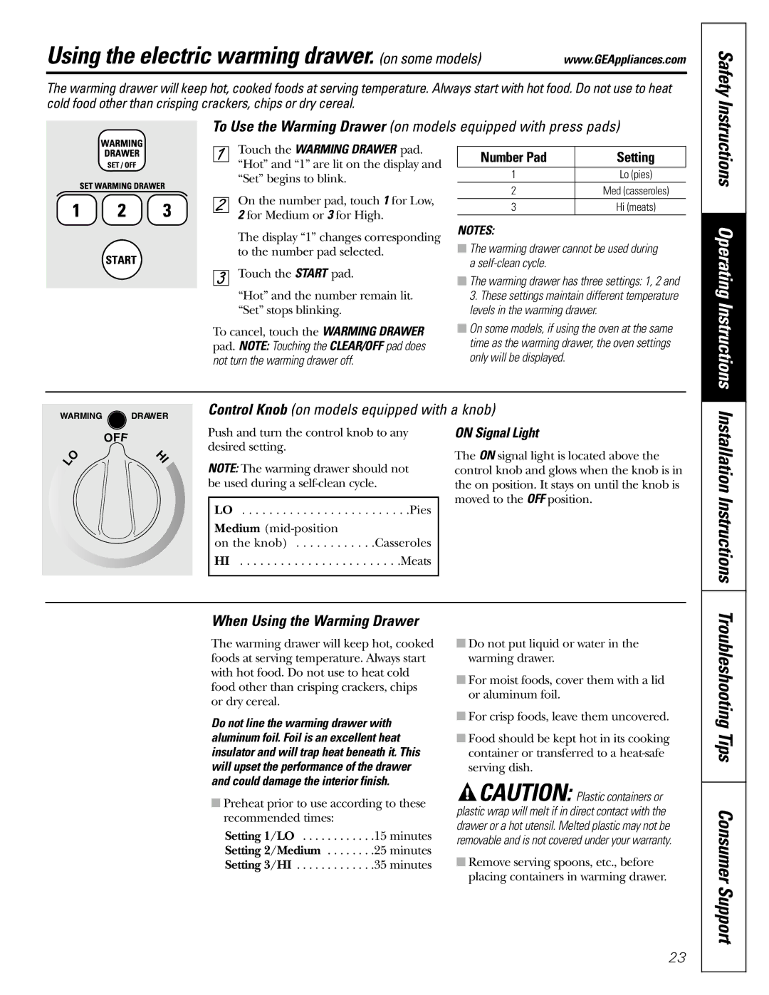 GE JGBP83, JGBP99, JGBP36 Using the electric warming drawer. on some models, When Using the Warming Drawer, On Signal Light 