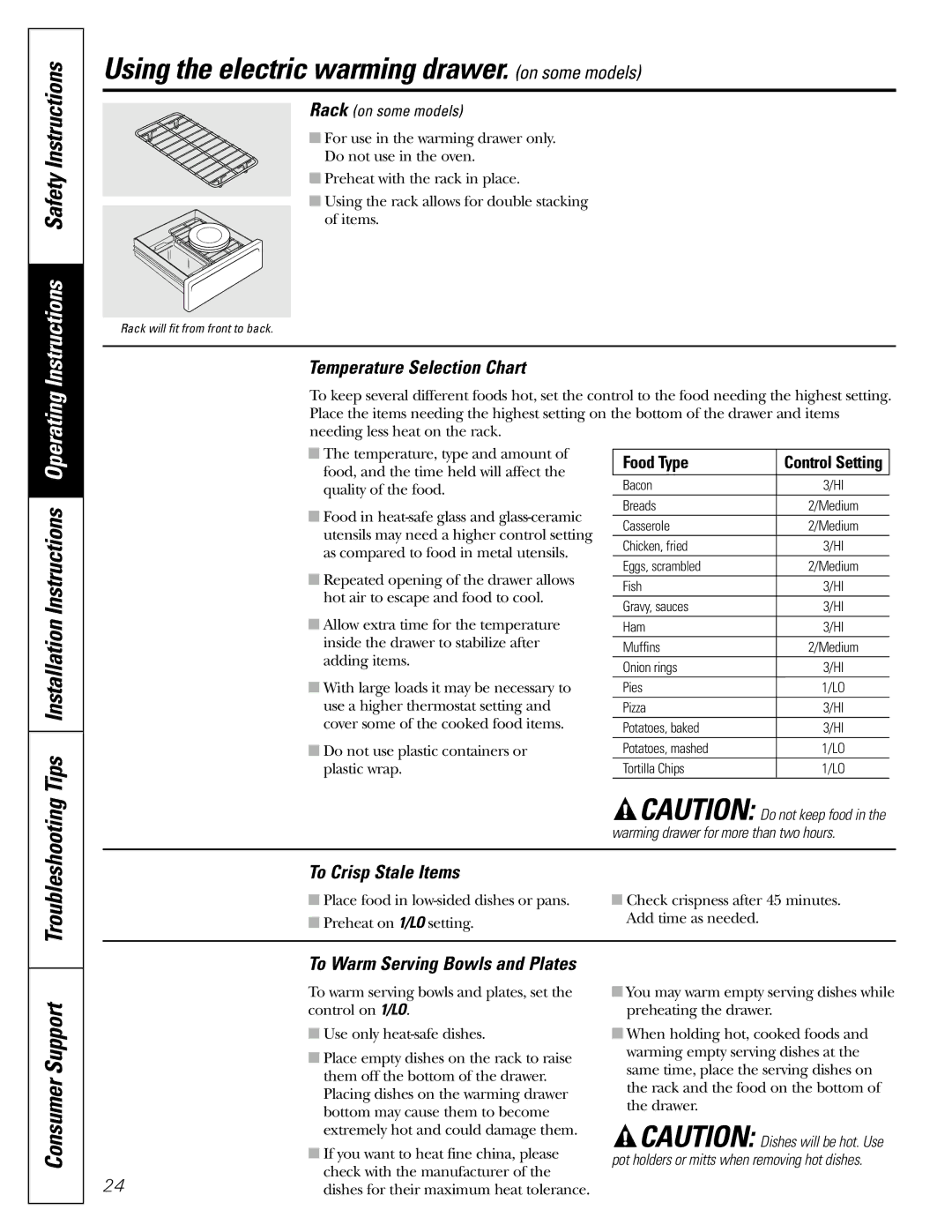 GE JGBP99, JGBP36 Tips Installation Instructions, Temperature Selection Chart, To Crisp Stale Items, Rack on some models 