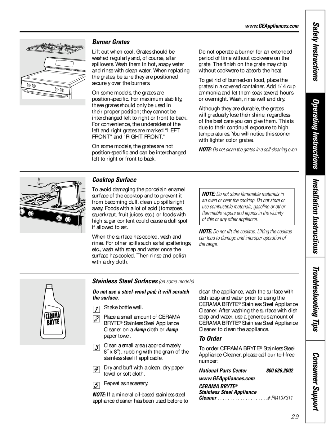 GE JGBP83, JGBP99, JGBP36 manual Troubleshooting Tips Consumer Support, Burner Grates, Cooktop Surface, To Order 