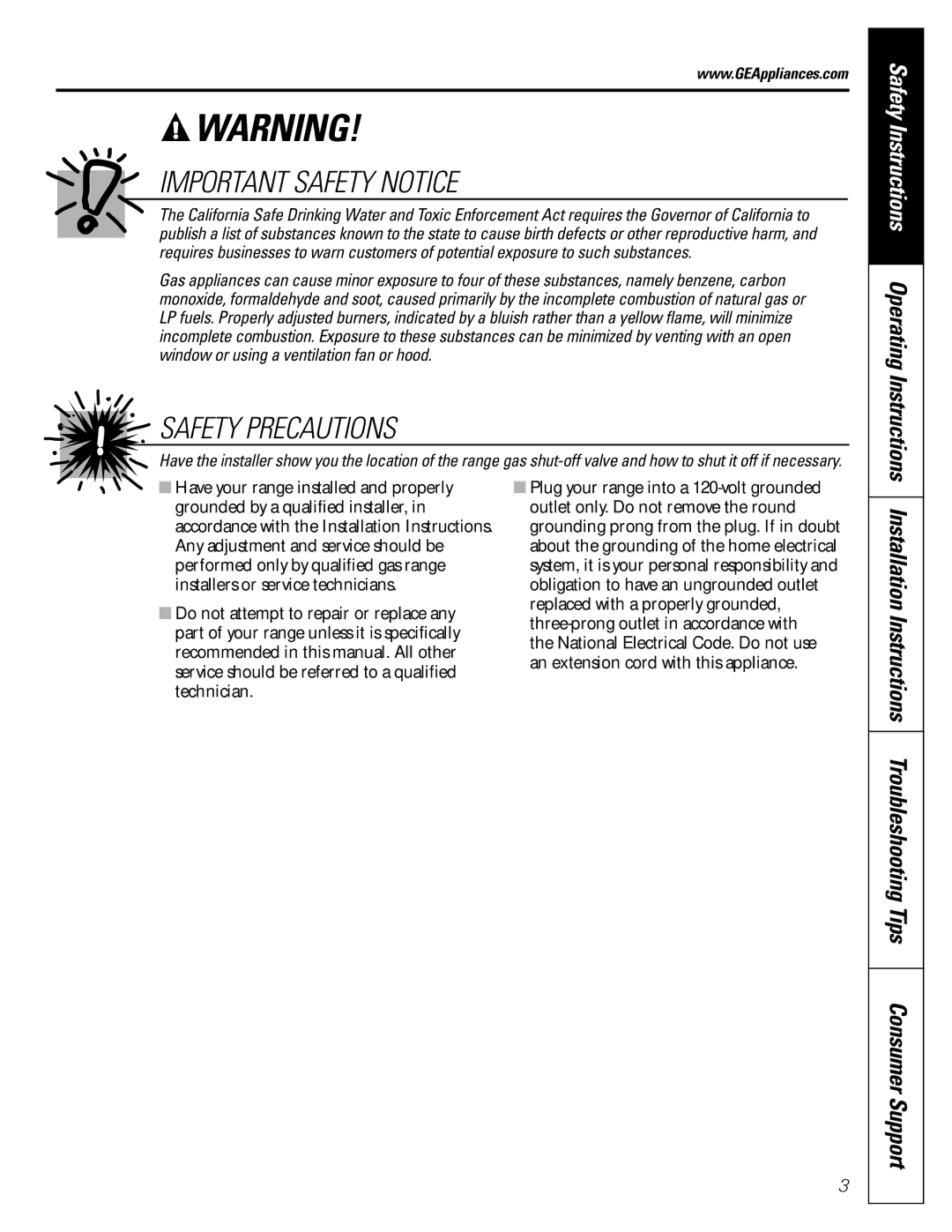 GE JGBP99, JGBP36, JGBP83 manual Important Safety Notice, Safety Instructions Operating Instructions 