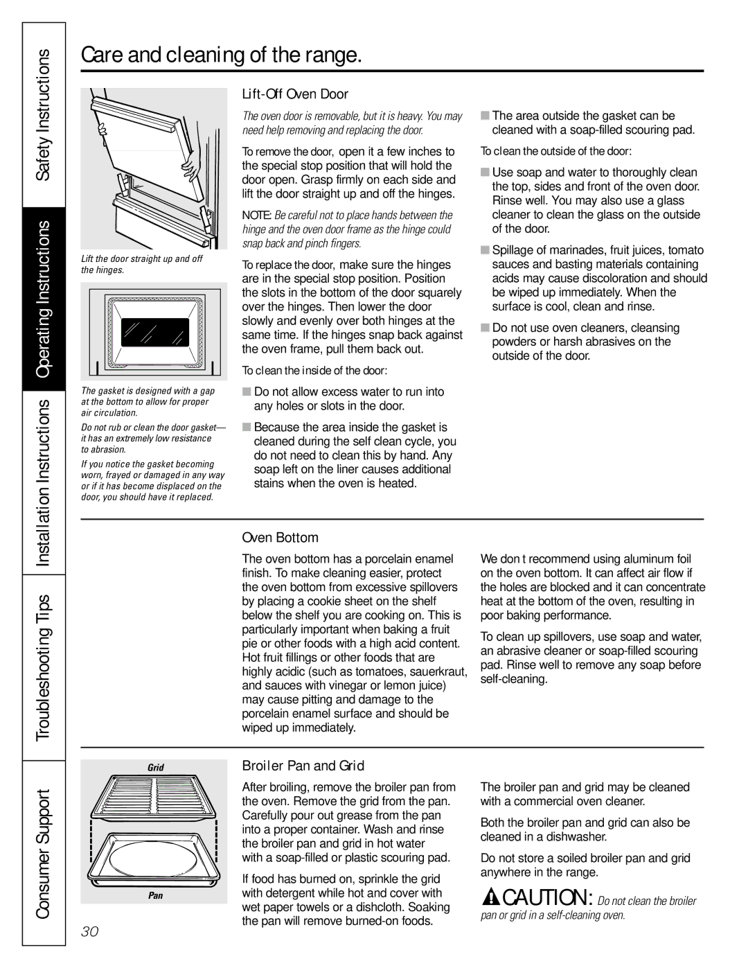 GE JGBP99, JGBP36, JGBP83 manual Lift-Off Oven Door, Oven Bottom, Broiler Pan and Grid, To clean the inside of the door 