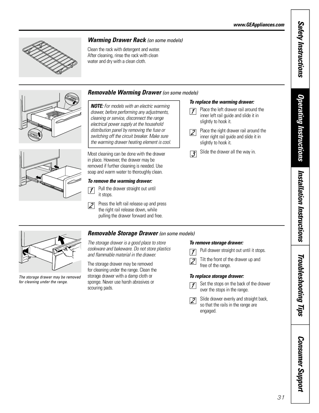 GE JGBP36, JGBP99, JGBP83 manual Warming Drawer Rack on some models, Removable Warming Drawer on some models 