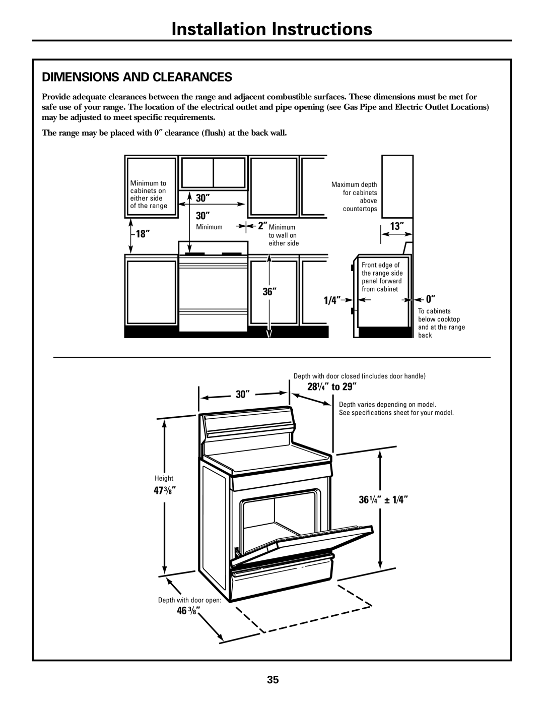 GE JGBP83, JGBP99, JGBP36 manual Dimensions and Clearances, Minimum to Cabinets on Either side Range 