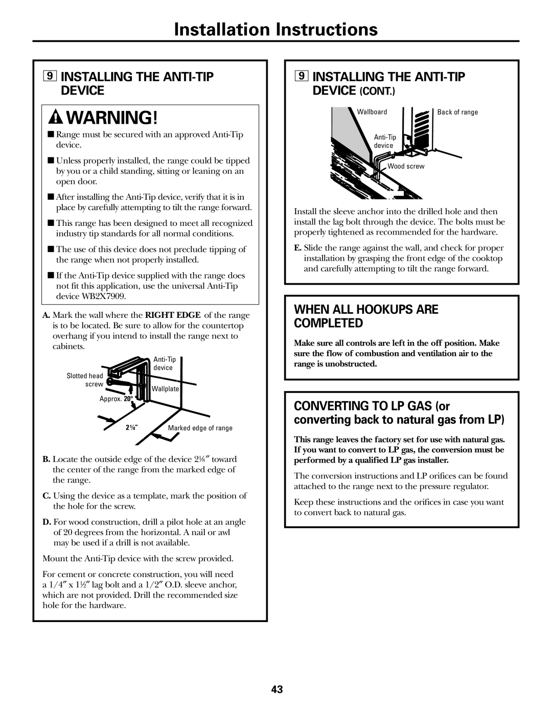 GE JGBP36, JGBP99, JGBP83 manual Installing the ANTI-TIP Device, When ALL Hookups are Completed 