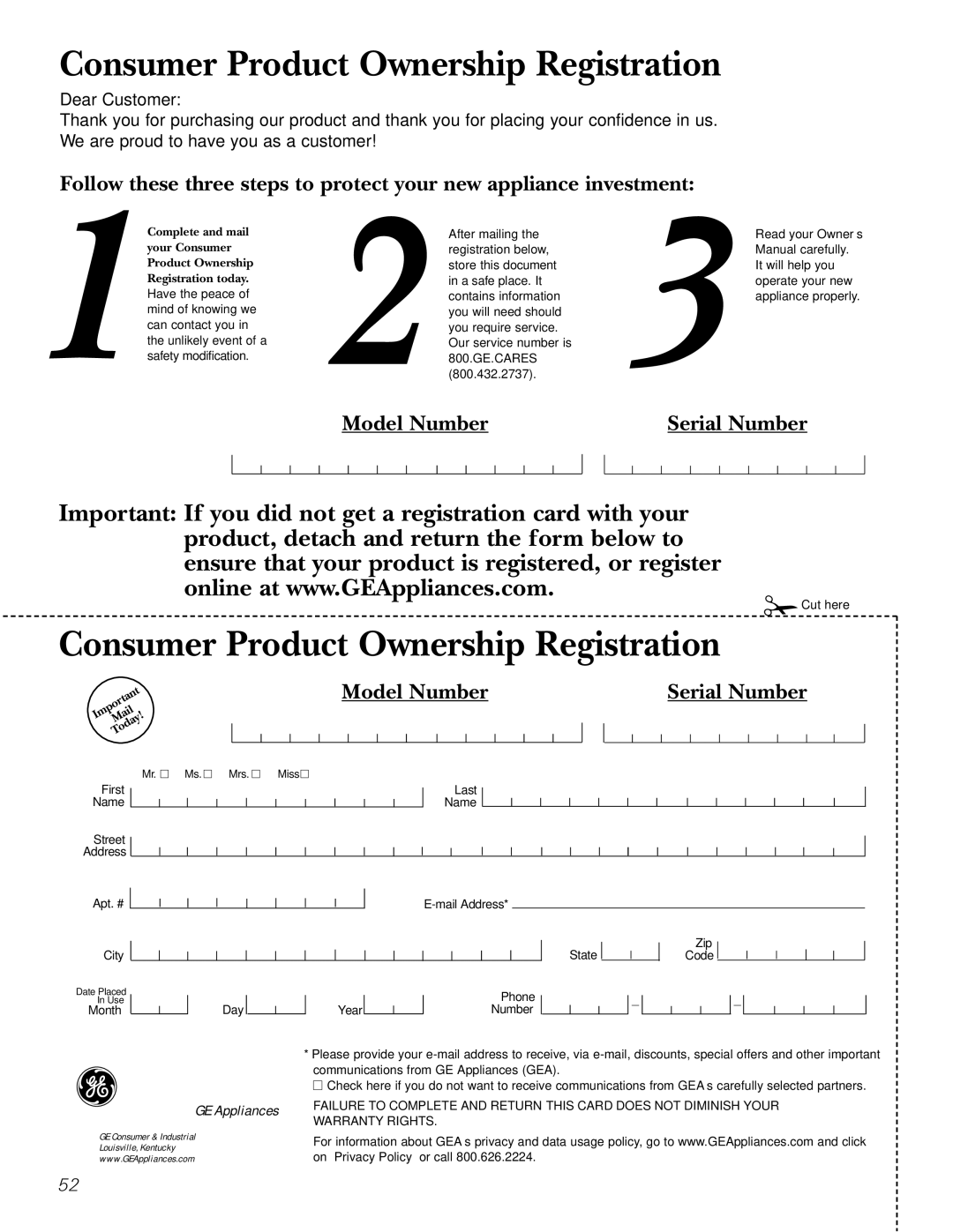 GE JGBP36, JGBP99, JGBP83 manual Consumer Product Ownership Registration 