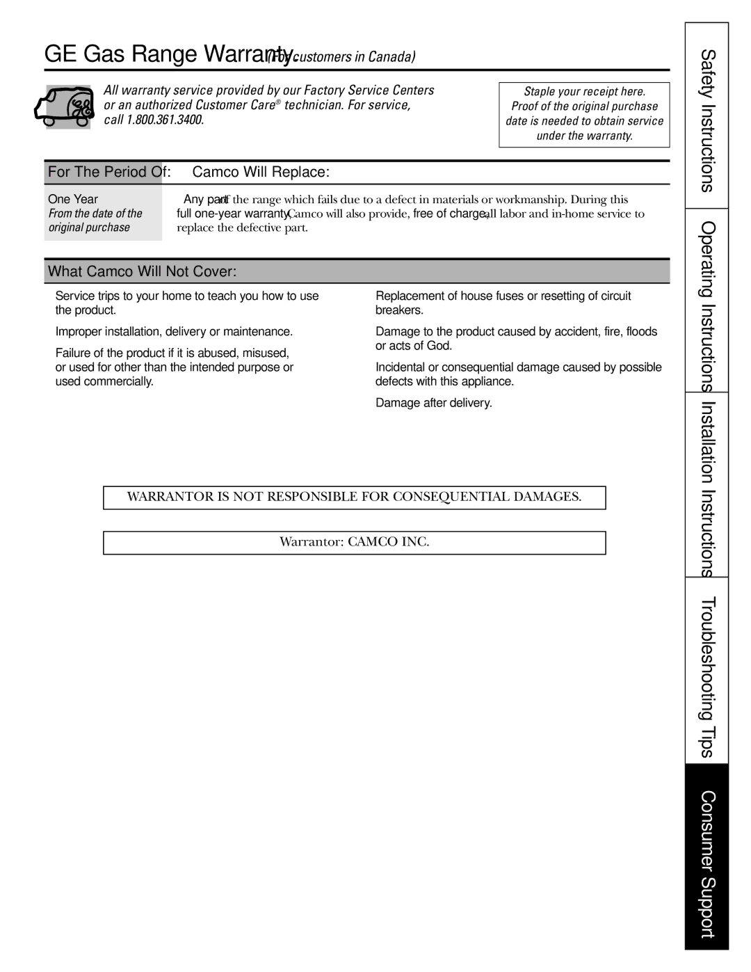 GE JGBP36, JGBP99, JGBP83 Instructions Troubleshooting Tips Consumer Support, Camco Will Replace, What Camco Will Not Cover 