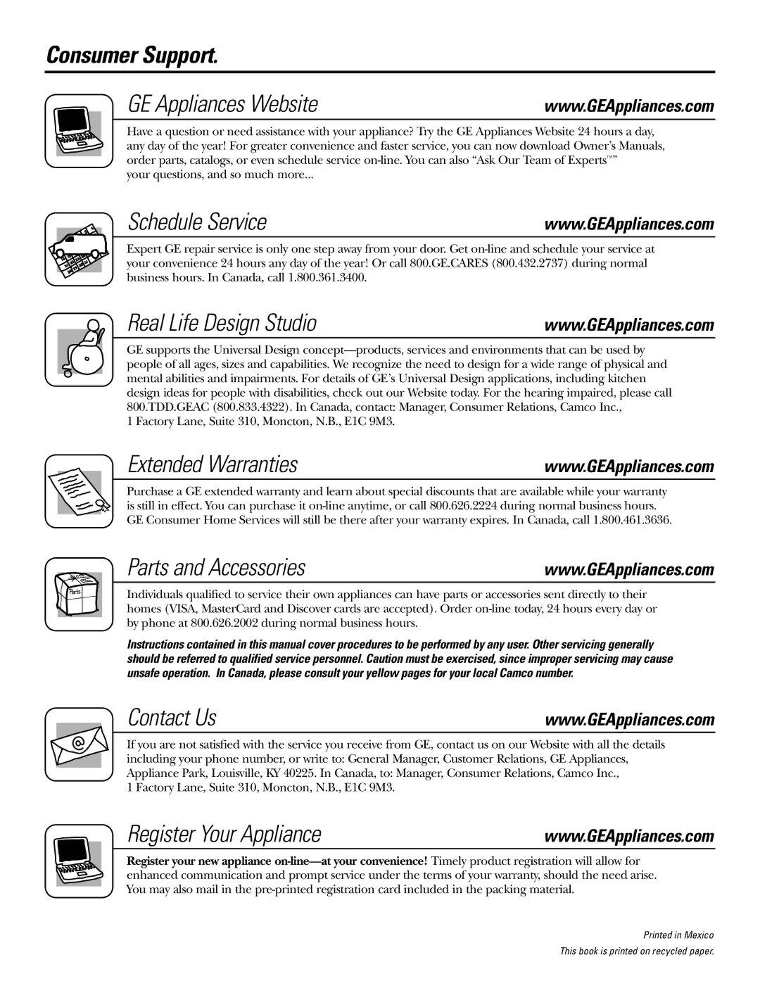 GE JGBP83, JGBP99 Consumer Support GE Appliances Website, Schedule Service, Real Life Design Studio, Extended Warranties 