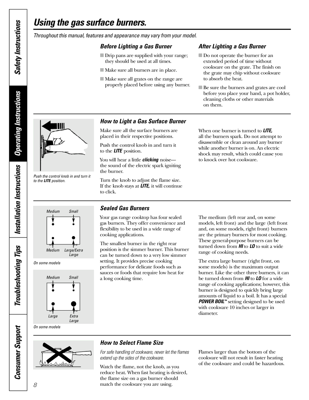 GE JGBP83, JGBP99, JGBP36 manual Using the gas surface burners, Instructions Operating, Consumer 