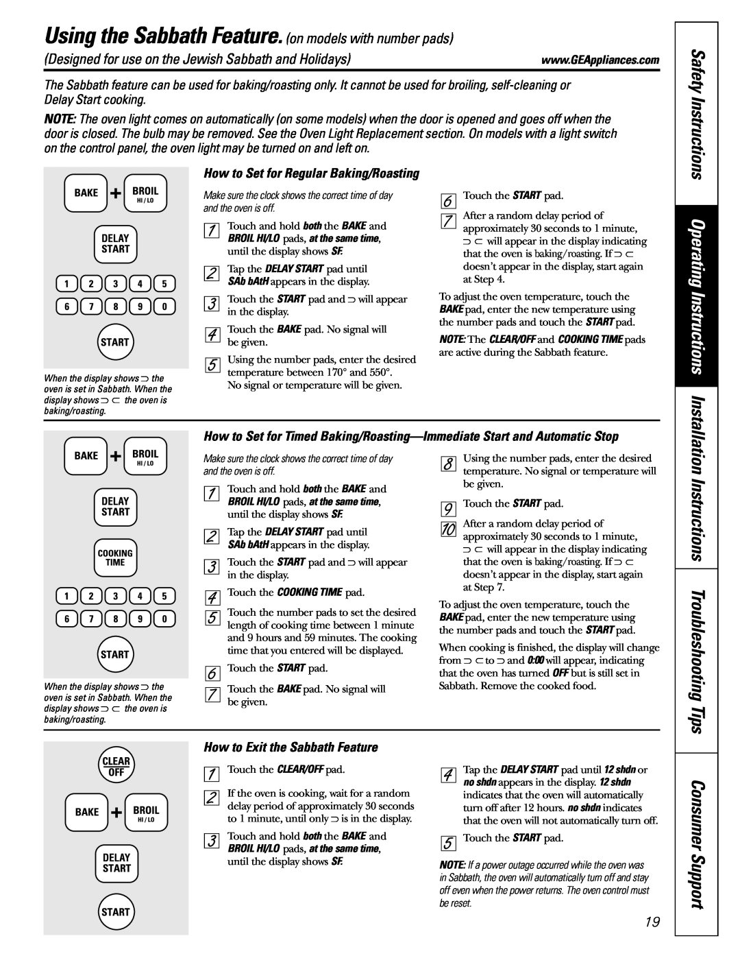 GE JGBP36 Operating Instructions, Instructions Troubleshooting Tips, Using the Sabbath Feature. on models with number pads 