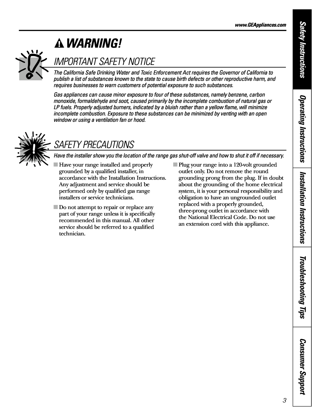 GE JGBP99 Important Safety Notice, Safety Precautions, Installation Instructions Troubleshooting Tips Consumer Support 
