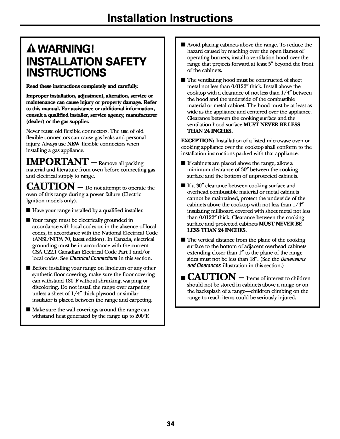 GE JGBP36, JGBP99, JGBP83 manual Installation Instructions, Installation Safety Instructions 