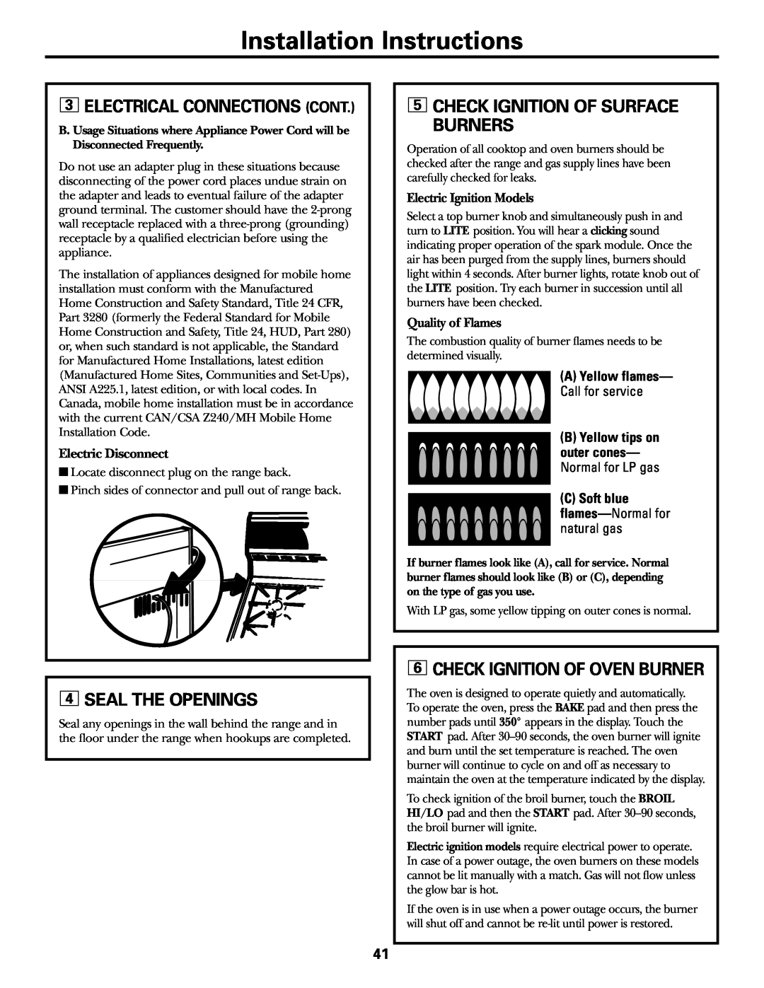 GE JGBP83 Check Ignition Of Surface Burners, Seal The Openings, Check Ignition Of Oven Burner, Installation Instructions 