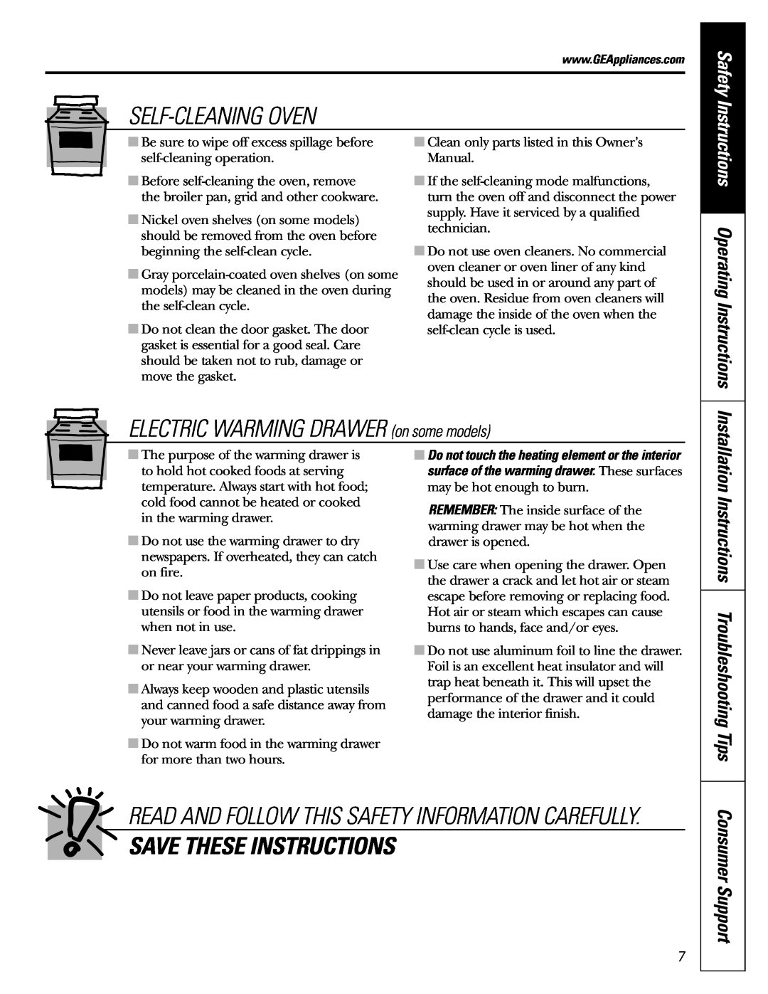 GE JGBP36 Self-Cleaning Oven, ELECTRIC WARMING DRAWER on some models, Save These Instructions, Safety, Consumer Support 