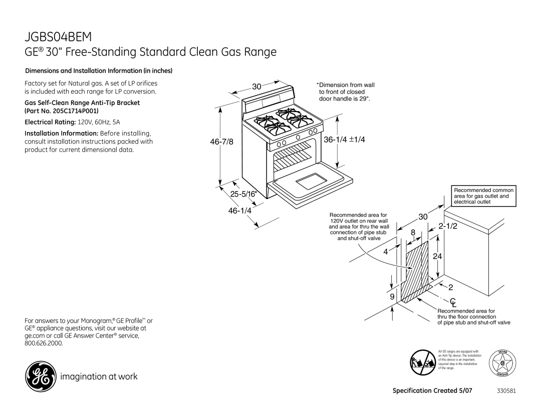 GE JGBS04BEM dimensions GE 30 Free-Standing Standard Clean Gas Range, 46-7/8, 25-5/16 46-1/4, 36-1/4 ±1/4 