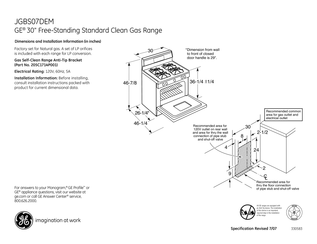 GE JGBS07DEMCC dimensions GE 30 Free-Standing Standard Clean Gas Range, 46-7/8, 26-1/4 46-1/4, 36-1/4 ±1/4 