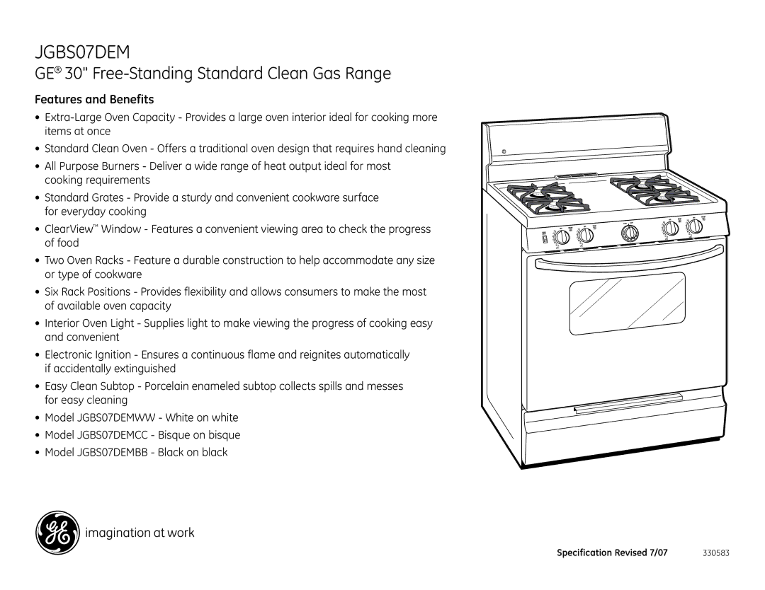 GE JGBS07DEMCC dimensions GE 30 Free-Standing Standard Clean Gas Range, Features and Benefits 