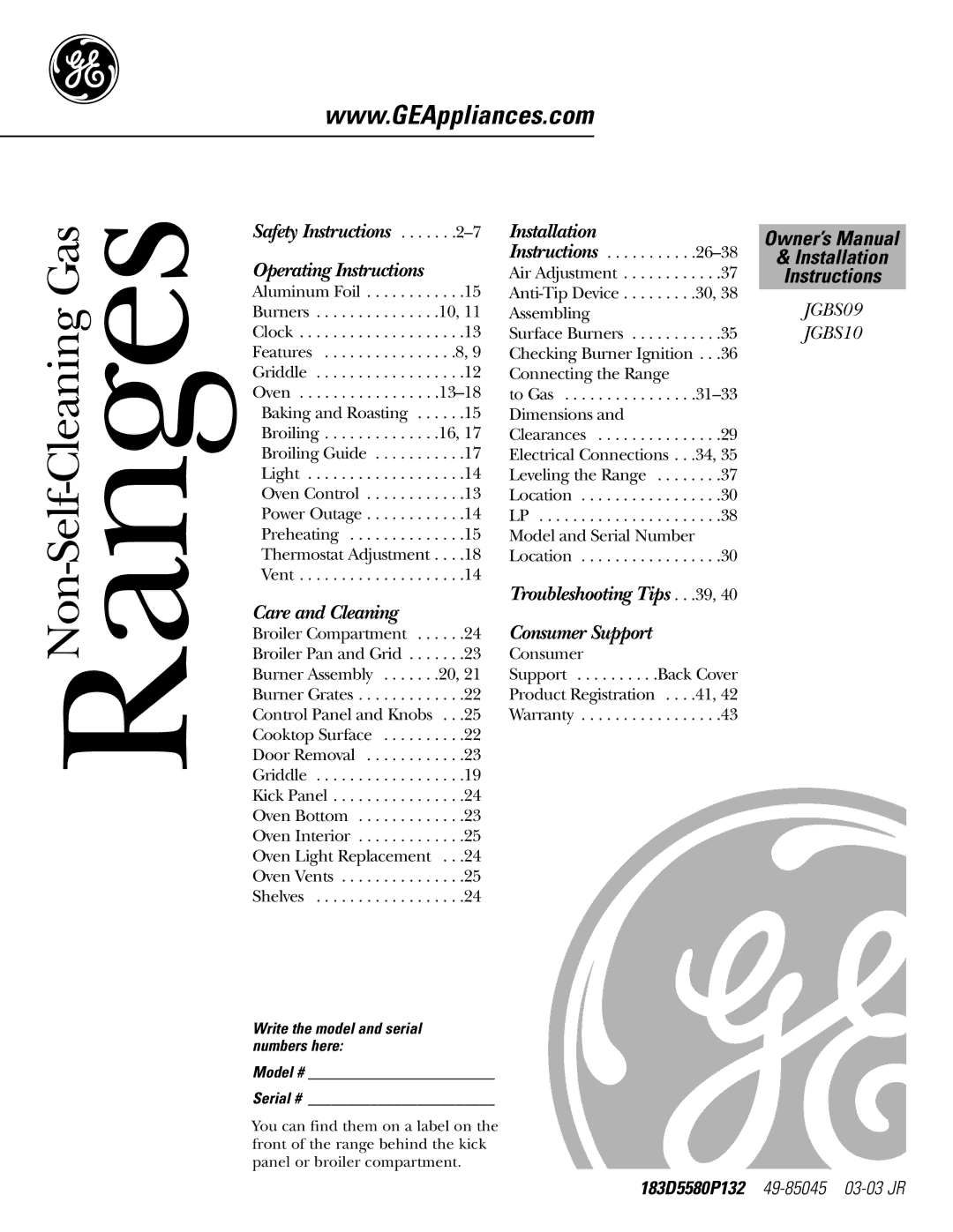 GE JGBS10, JGBS09 manual Write the model and serial numbers here, Serial # 