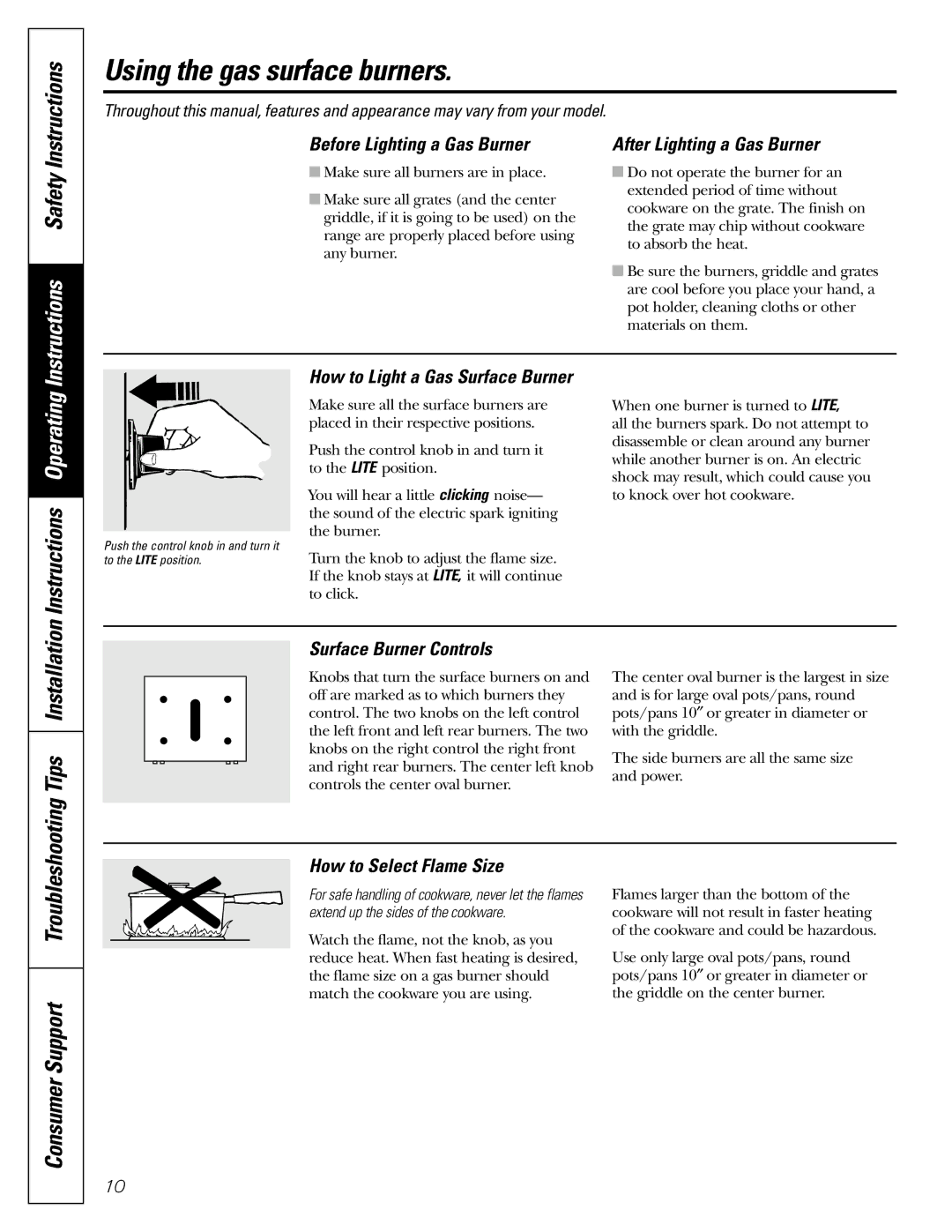 GE JGBS09, JGBS10 manual Using the gas surface burners, Instructions, Tips Installation 