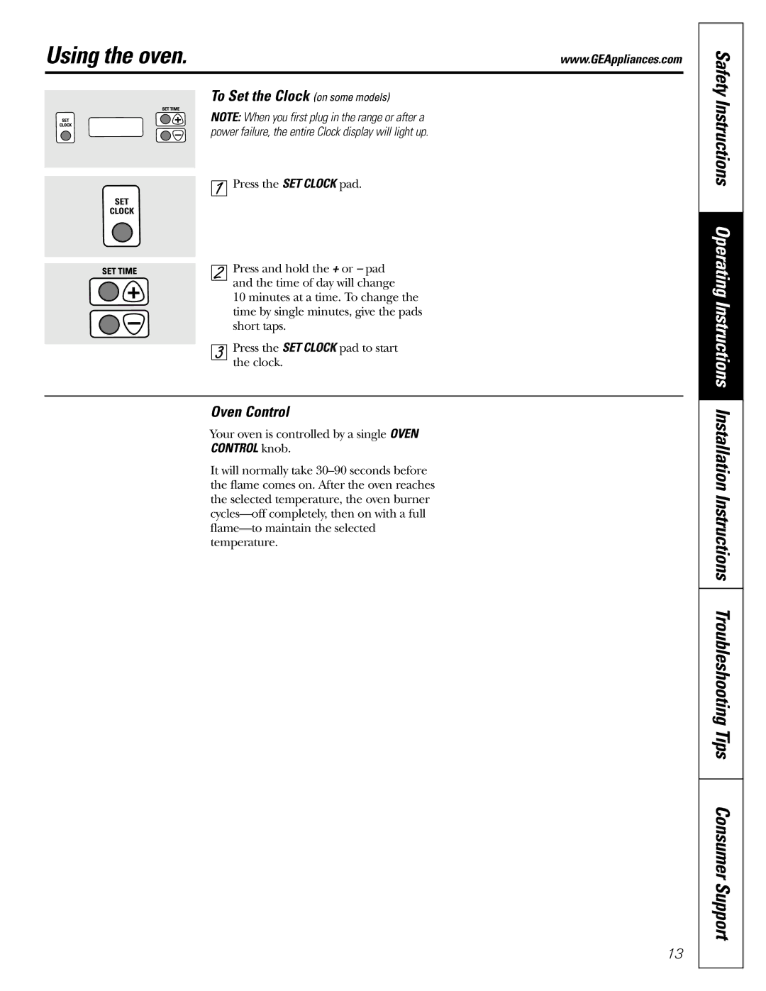 GE JGBS10, JGBS09 manual Using the oven, To Set the Clock on some models, Oven Control, Control knob 