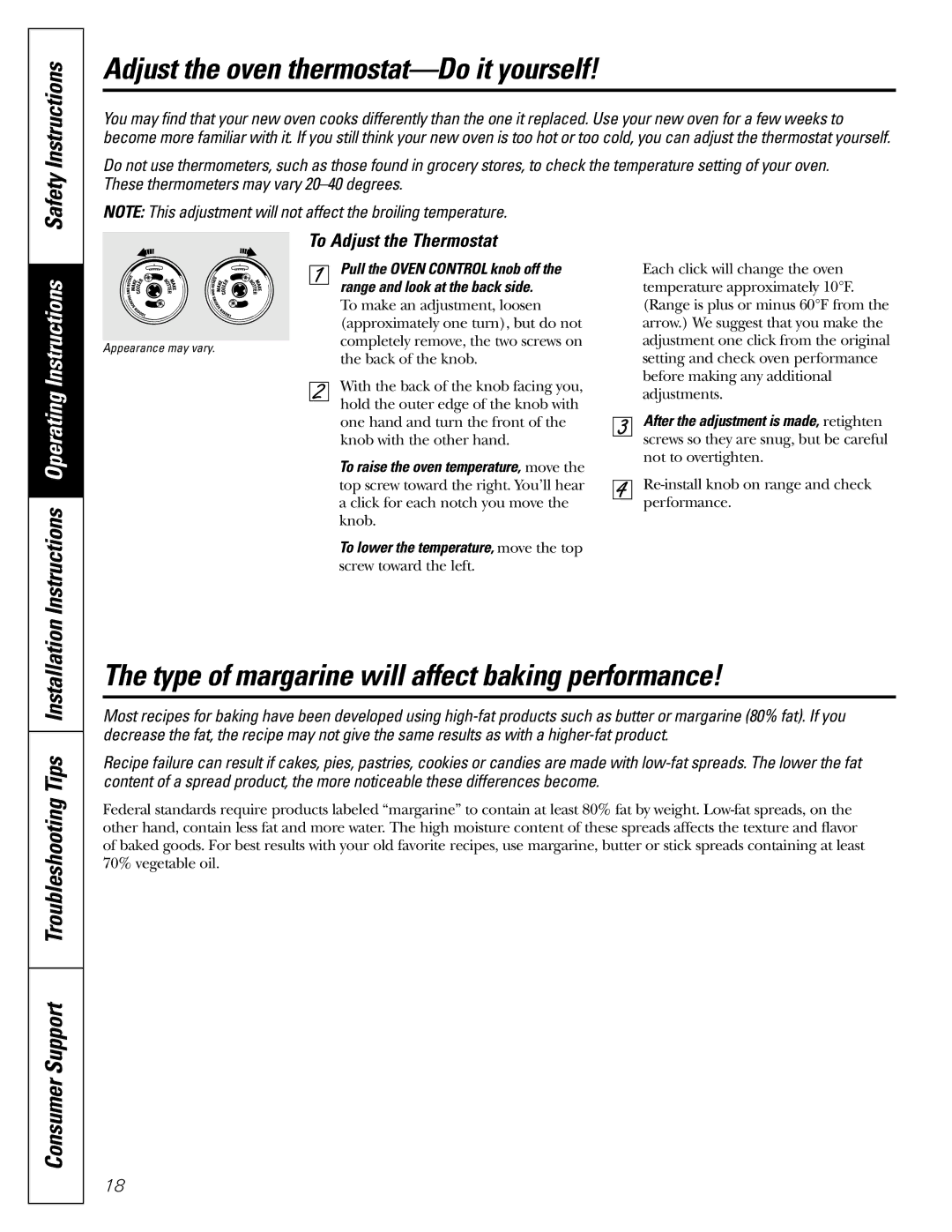 GE JGBS09, JGBS10 manual Adjust the oven thermostat-Do it yourself, Type of margarine will affect baking performance 