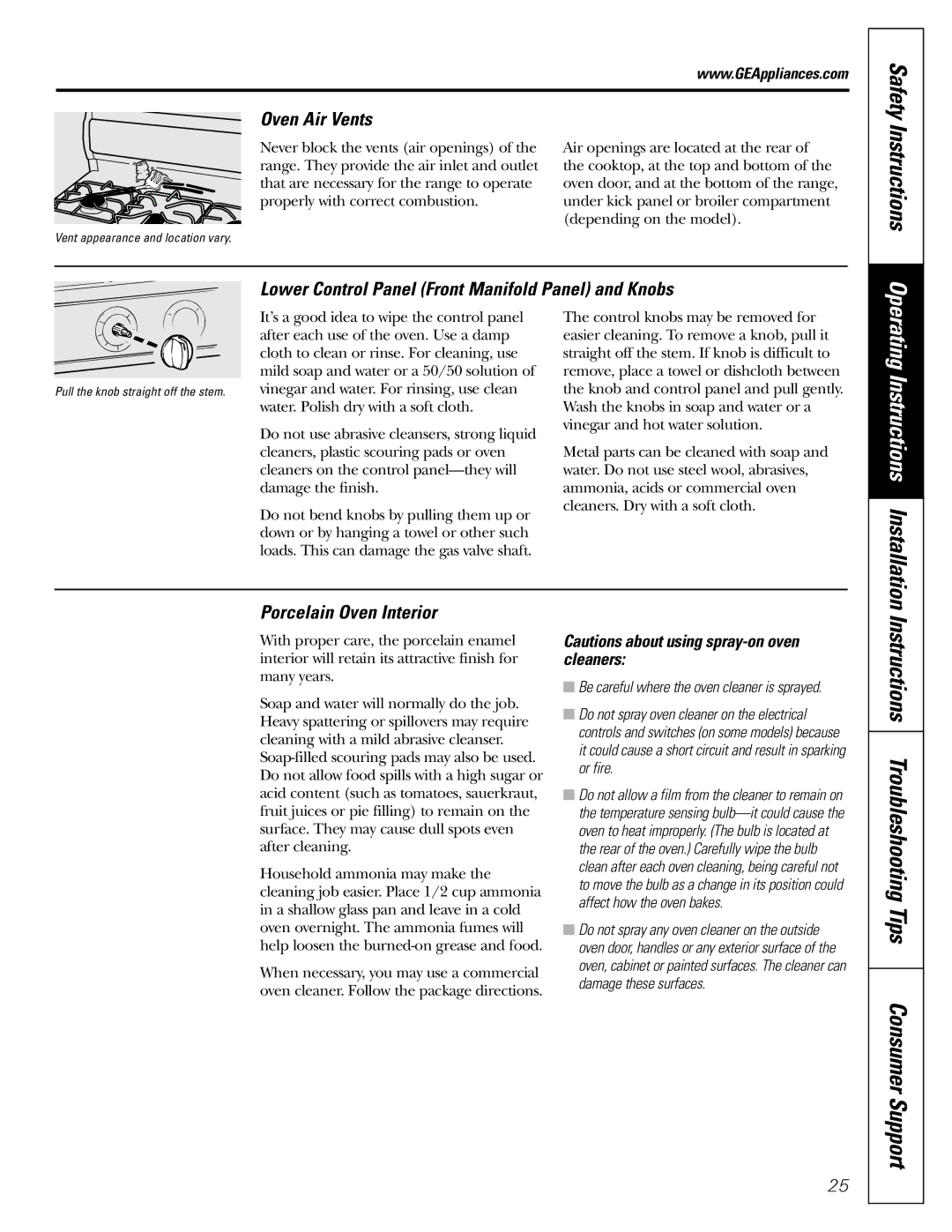 GE JGBS10, JGBS09 manual Oven Air Vents, Lower Control Panel Front Manifold Panel and Knobs, Porcelain Oven Interior 