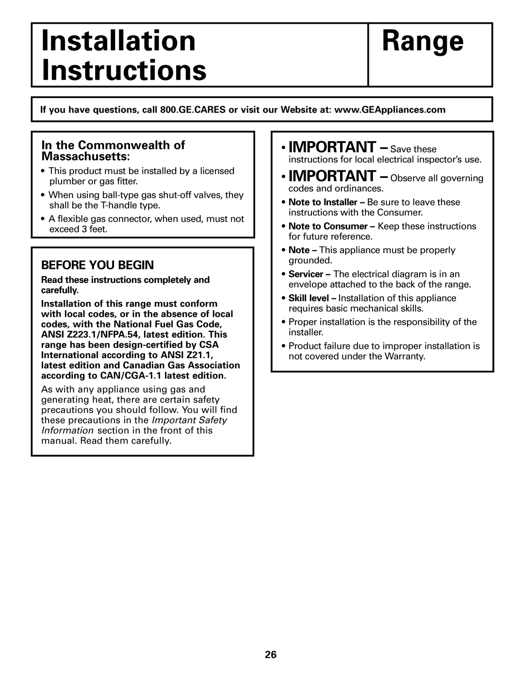 GE JGBS09, JGBS10 manual Installation Instructions Range, Before YOU Begin 