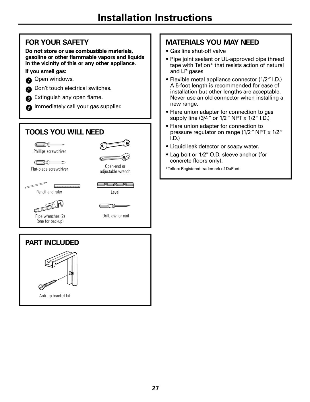 GE JGBS10, JGBS09 manual For Your Safety, Tools YOU will Need, Part Included, Materials YOU MAY Need, If you smell gas 