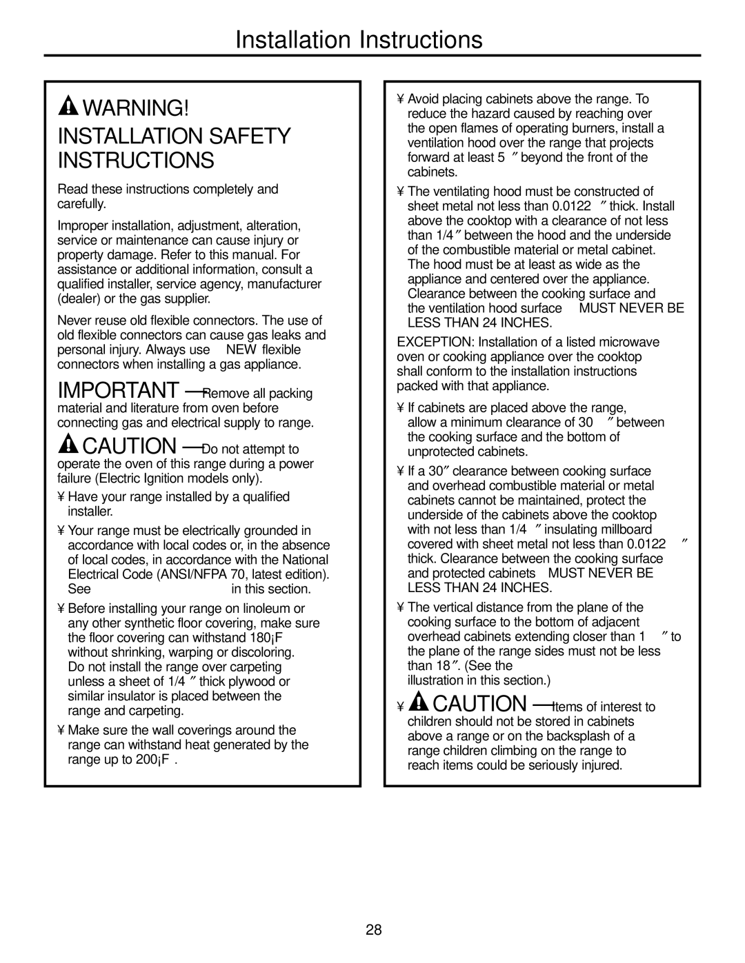 GE JGBS09, JGBS10 manual Less than 24 Inches 