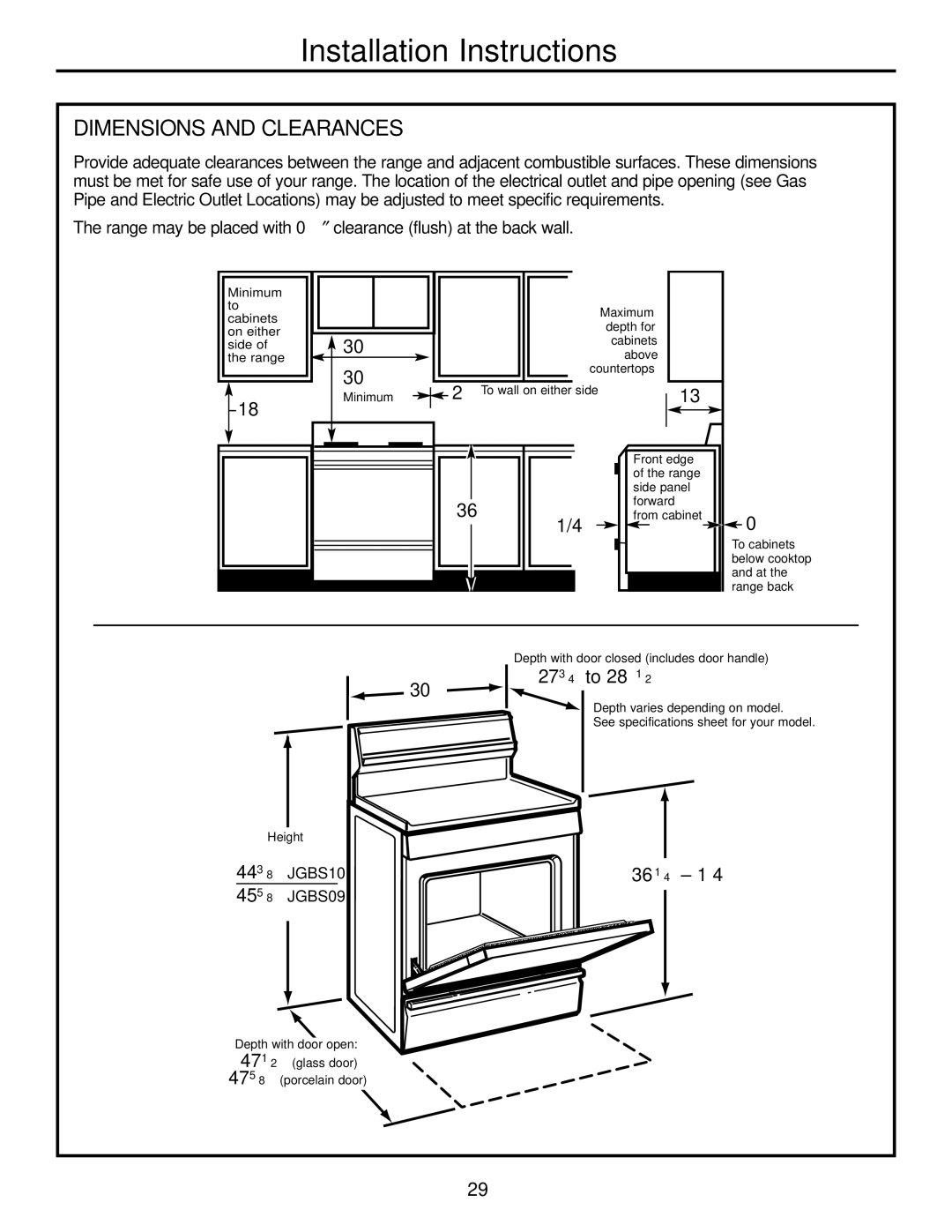 GE JGBS10, JGBS09 manual Dimensions and Clearances, Range may be placed with 0″ clearance flush at the back wall 