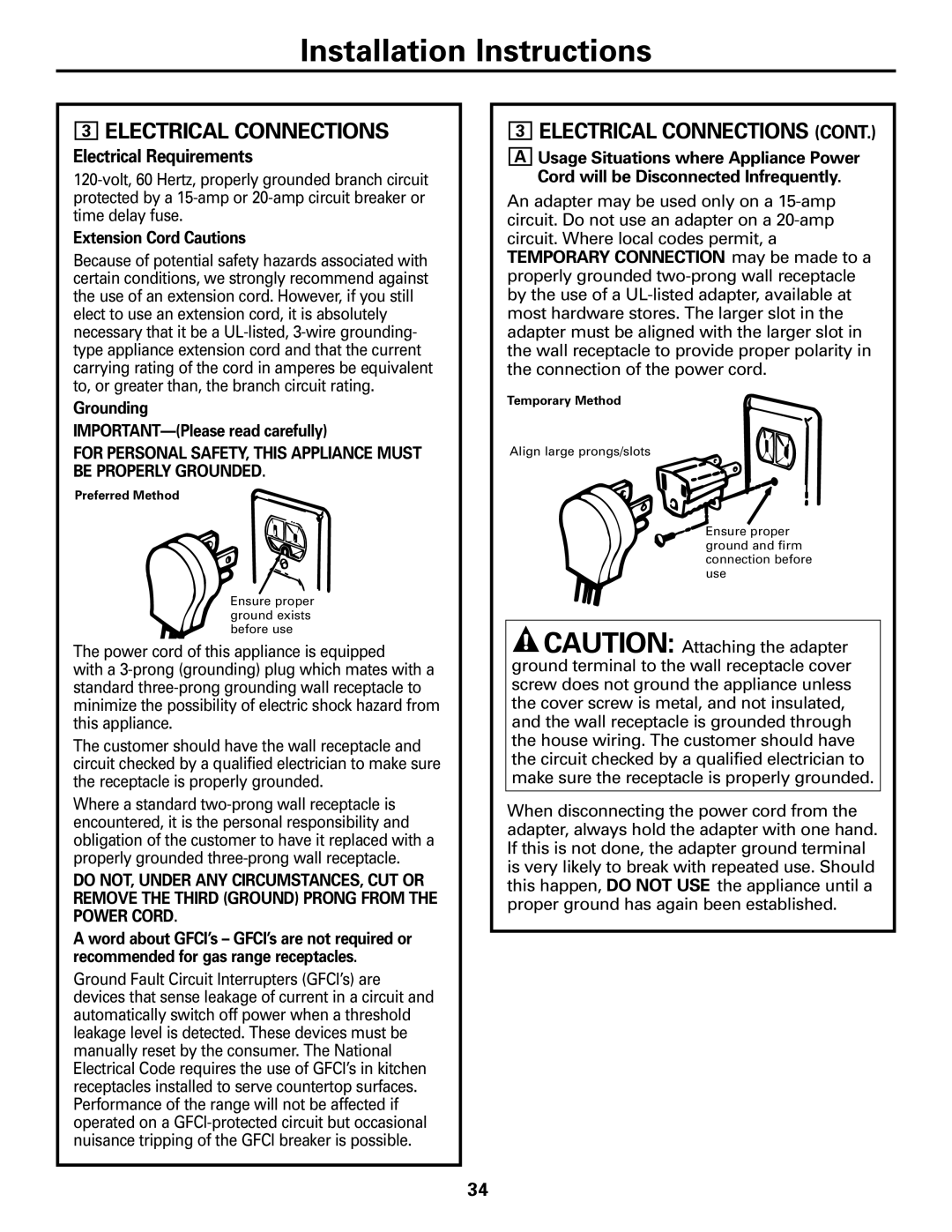 GE JGBS09, JGBS10 manual Electrical Connections, Extension Cord Cautions, Grounding IMPORTANT-Please read carefully 