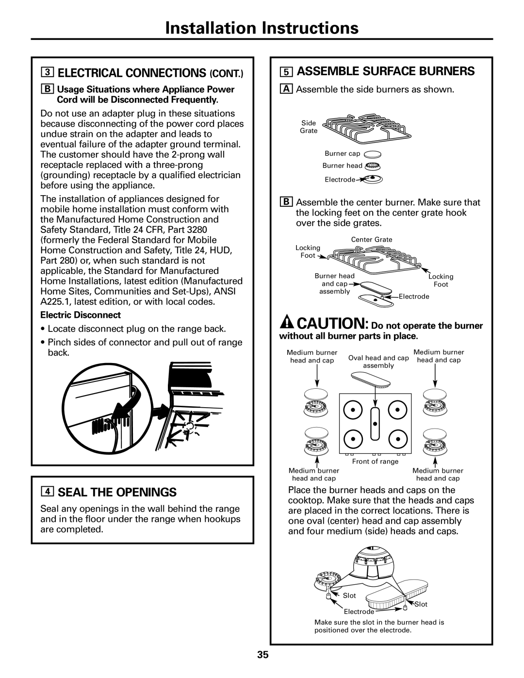 GE JGBS10, JGBS09 manual Seal the Openings, Assemble Surface Burners, Electric Disconnect 