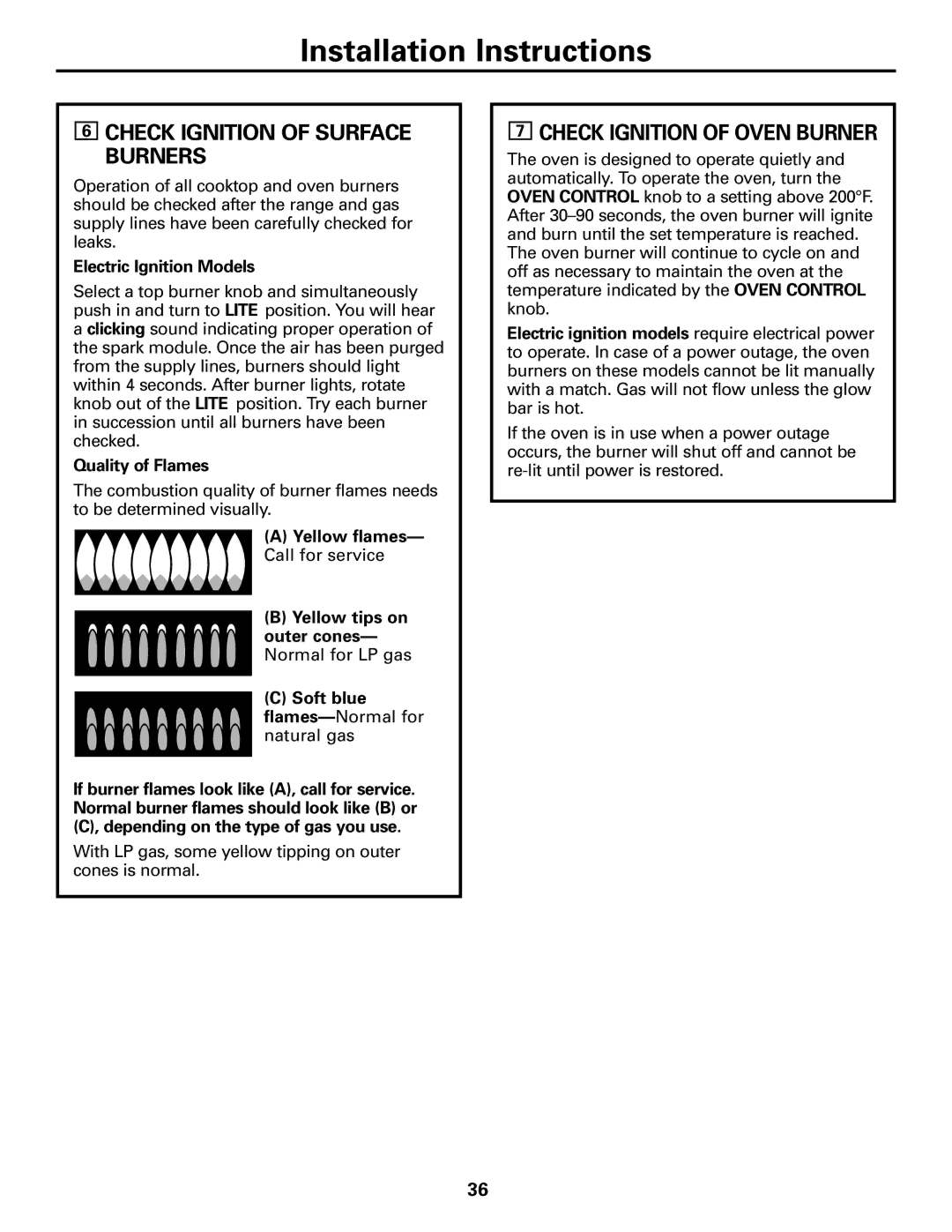 GE JGBS09 Check Ignition of Surface Burners, Check Ignition of Oven Burner, Electric Ignition Models, Quality of Flames 