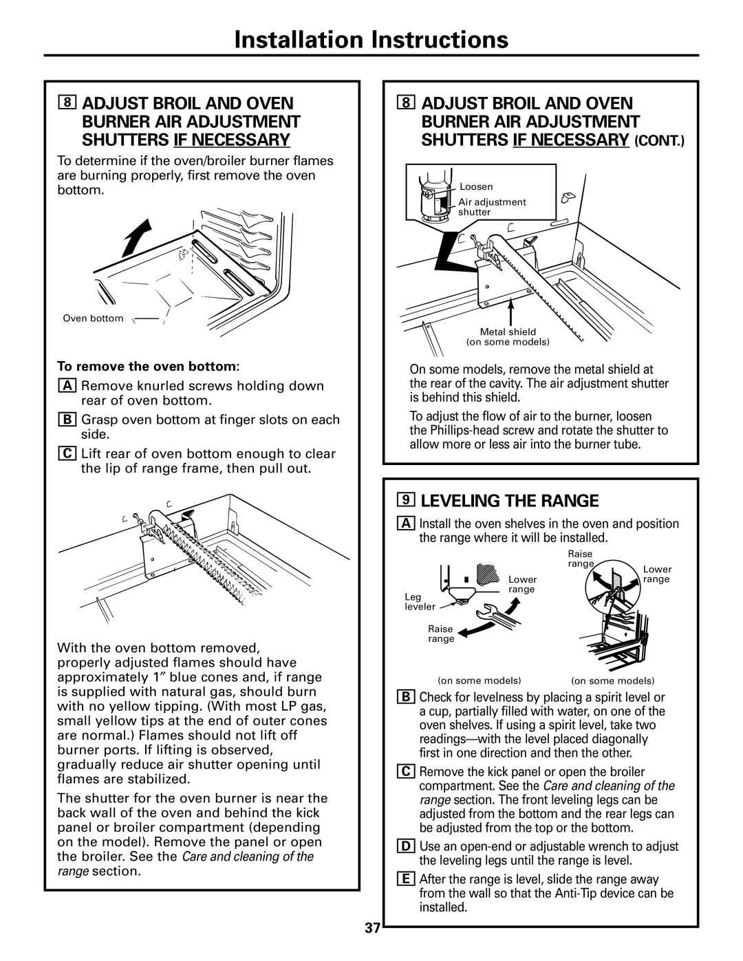 GE JGBS10, JGBS09 manual Leveling the Range, To remove the oven bottom 