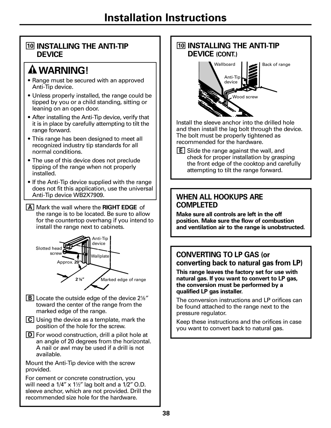 GE JGBS09, JGBS10 manual Installing the ANTI-TIP Device, When ALL Hookups are Completed 