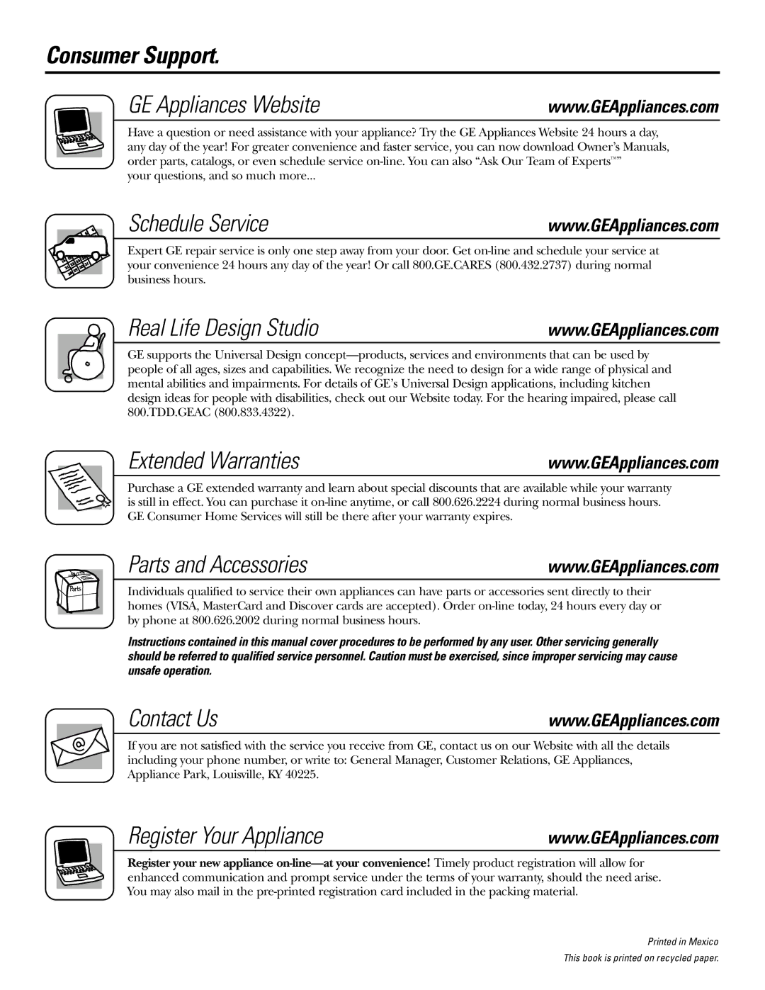 GE JGBS09, JGBS10 Consumer Support GE Appliances Website, Schedule Service, Real Life Design Studio, Extended Warranties 