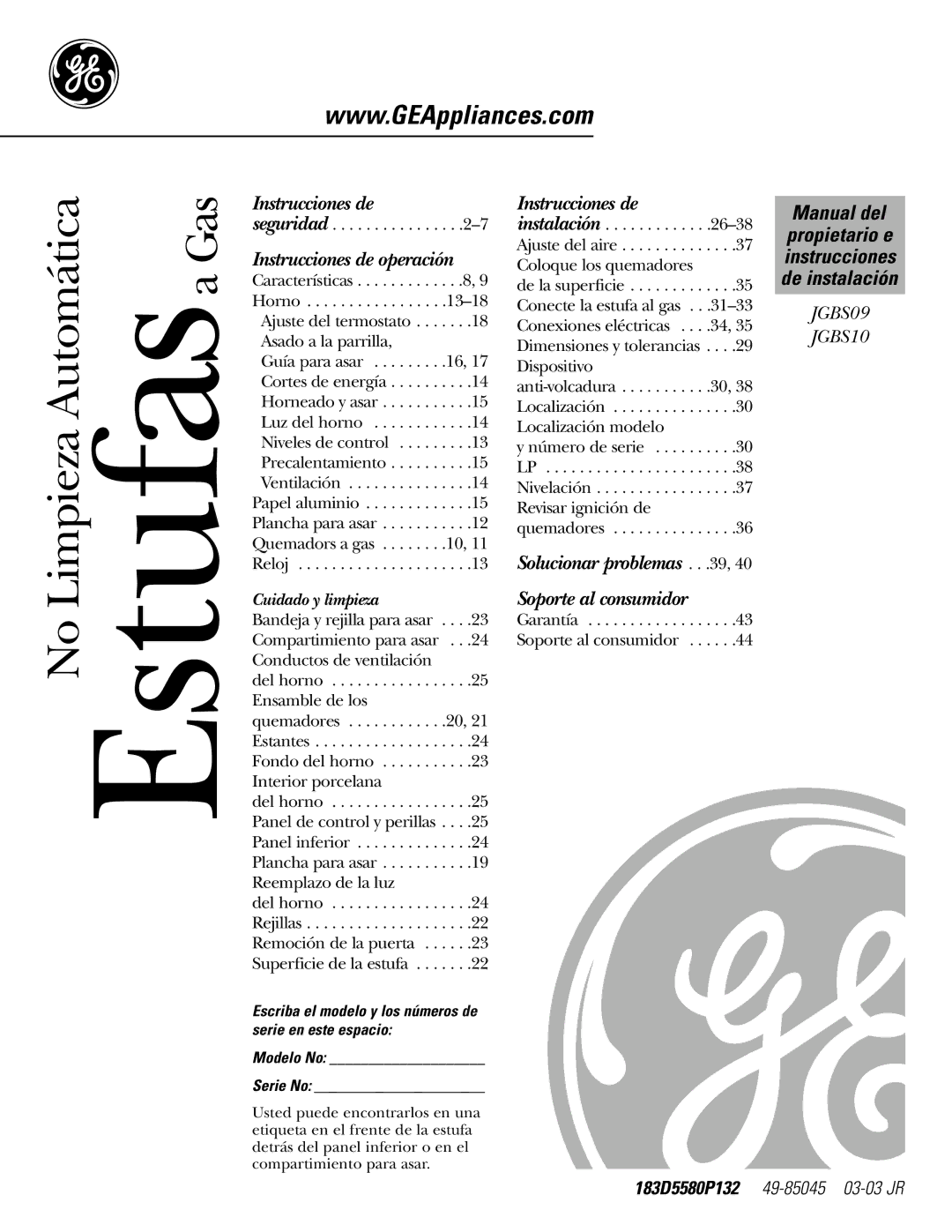 GE JGBS10, JGBS09 manual Manual del propietario e instrucciones de instalación, Modelo No Serie No 