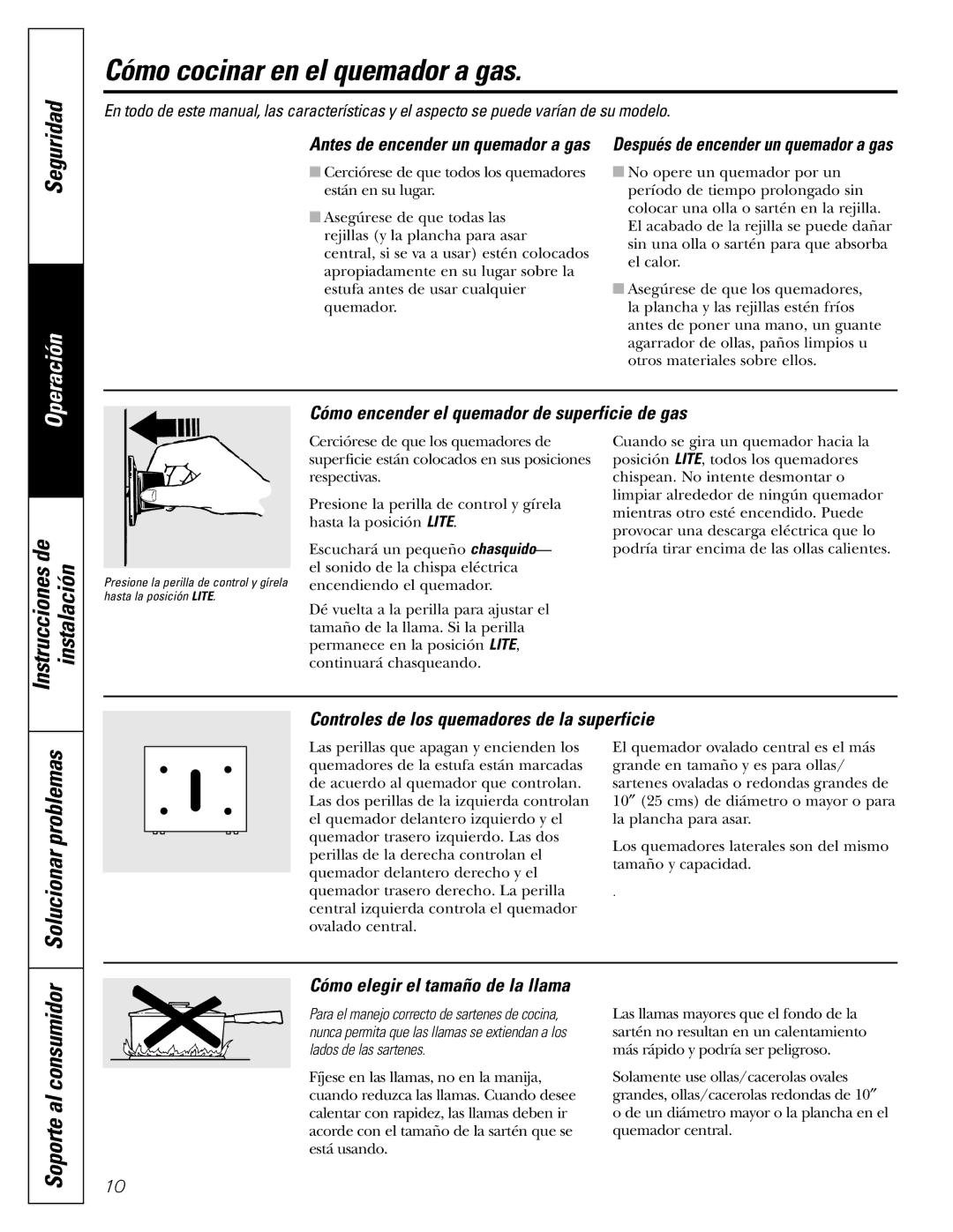 GE JGBS09, JGBS10 manual Cómo cocinar en el quemador a gas, Solucionar problemas, Soporte al consumidor 