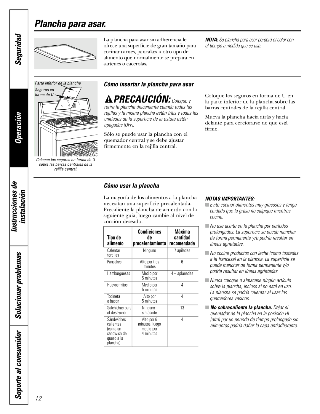 GE JGBS09, JGBS10 manual Plancha para asar, Cómo usar la plancha, Cómo insertar la plancha para asar 